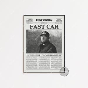 Impressão de jornal retrô de Luke Combs, pôster de Fast Car, impressão da letra de Fast Car, pôster de Luke Combs, pôster de "Gettin' Old", LC3 LESS312