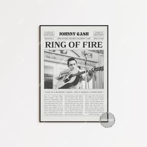 Stampa di giornale retrò di Johnny Cash, poster di Ring of Fire, stampa del testo di Ring of Fire, poster di Johnny Cash, poster della serie Hall of Fame, LC3