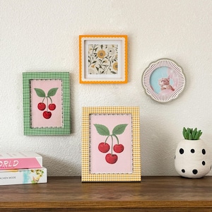 Gingham & Scalloped Picture Frame Set – 4x4, 4x6, 5x7 Sizes | Retro Cherry Photo Frames, Cottagecore Wall or Desk Decor