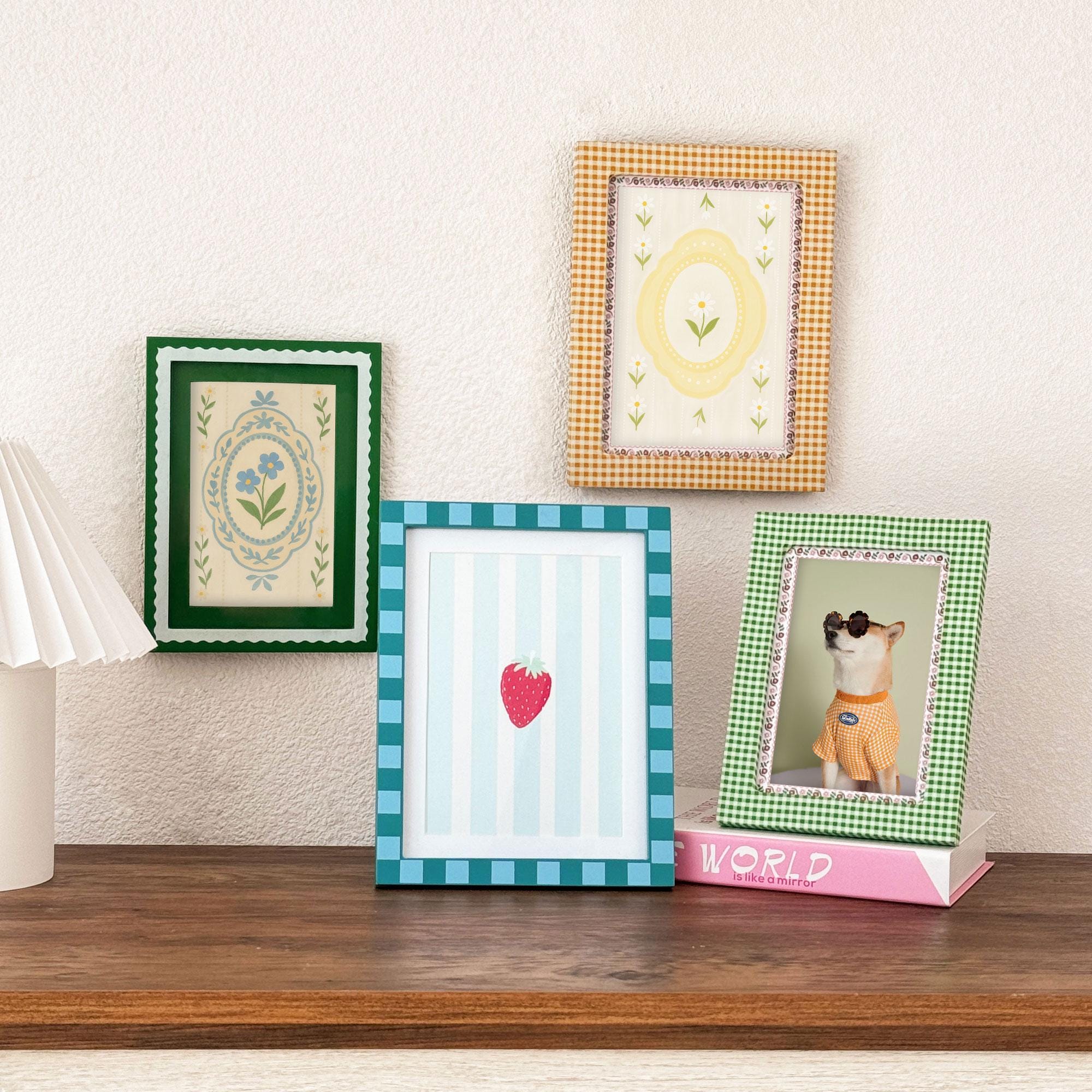 Colorful Gingham Picture Frames – Retro Cottagecore Wood Photo Frames (4x6, 5x7, 6x8) for Shelf or Wall Display