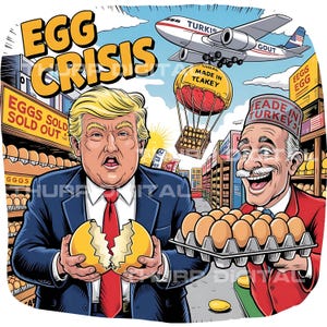 卵危機漫画PNG – 面白いトランプが卵を割る – アメリカとトルコの貿易風刺 – 政治ユーモアアート – すぐにダウンロード