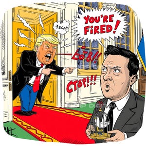 トランプ対ゼレンスキーの漫画 - 面白い政治PNGクリップアート、解雇シーン、ホワイトハウスのユーモア、デジタル風刺アートPNGダウンロード