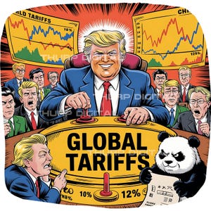 トランプ関税漫画PNG - 面白い中国貿易クリップアート、経済混乱イラスト、世界市場のユーモアアート、デジタルPNGダウンロード