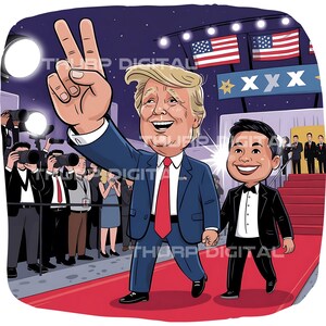 Donald Trump i Lil X wykonują gest „X” na konferencji prasowej – ilustracja w stylu kreskówki PNG – ilustracja w stylu kreskówki do pobrania cyfrowego