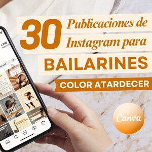 Può includere: Uno smartphone mostra un profilo Instagram con post di immagini. Il testo recita "30 Post Instagram per Ballerini" e "Colore Tramonto". Il logo Canva è visibile. Il telefono è tenuto da una persona.