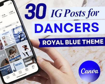Plantillas de Canva para publicaciones de baile en Instagram: Tema azul real (30 páginas) (Descarga digital)