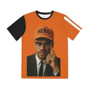 Malcolm X Graphic Tee: Striped Orange Hero T-Shirt