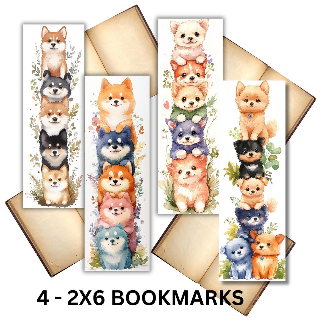 Printable Dog Bookmark Pack | 4 Stacked Puppy Designs | 2x6” Digital ...