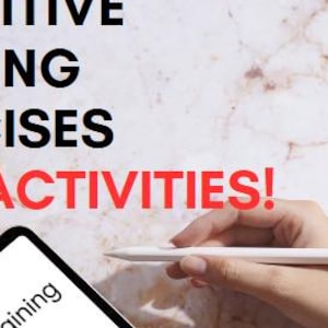 May include: A digital tablet displaying "Word Recall Training" exercises. The screen lists word association prompts. The image also shows the text "COGNITIVE TRAINING EXERCISES 105 ACTIVITIES!" in black and red.