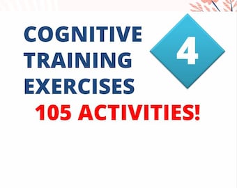 Può includere: Sfondo bianco con decorazioni floreali e a forma di foglie. Il testo recita "COGNITIVE TRAINING EXERCISES 105 ACTIVITIES!". Un rombo blu contiene il numero "4".