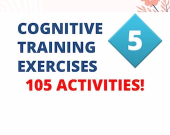 Può includere: Grafica con le parole "Cognitive Training Exercises" in blu navy, "105 Activities!" in rosso e un diamante blu con il numero "5". Lo sfondo è bianco con accenti floreali e di foglie.