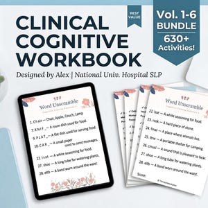 May include: A set of clinical cognitive workbooks, Vol. 1-6, with over 630 activities. The image features a tablet showing a "Word Unscramble" exercise and several printed worksheets. The design includes floral accents and the text "Designed by Alex | National Univ. Hospital SLP."