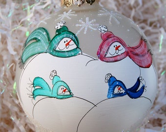 personalized Hand-painted glass snowman ornament family of 4 by glassygirl21