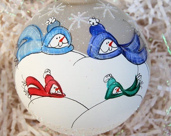 personalized Hand-painted glass snowman ornament family of 4 by glassygirl21