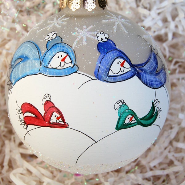 personalized Hand-painted glass snowman ornament family of 4 by glassygirl21