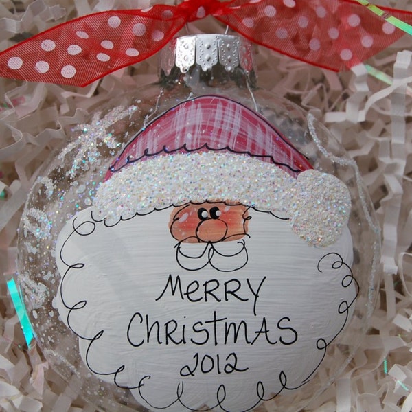 Hand Painted Santa Ornament  Personalized Free 3" diameter disc glass by glassygirl21