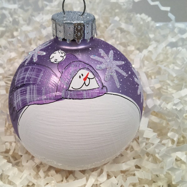 glass handpainted christmas tree ornament snowman lavender scarf personalized