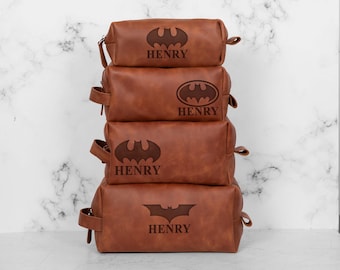 Custom Bat Hero Leather Toiletry Bag - Personalized Engraved Dopp Kit