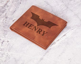 Personalized Bat Hero Inspired Leather Wallet –  Engraved Wallet for Men, Superhero Gift