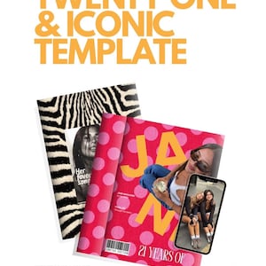 May include: A digital template for a 21st birthday magazine cover featuring bold yellow text reading TWENTY ONE & ICONIC TEMPLATE. The design includes a zebra print background, a pink polka dot cover with the word JANE, and a smartphone display.