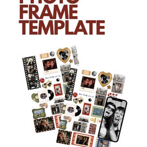 Puede incluir: Una plantilla de marco de fotos digital que presenta un collage de varios elementos, incluyendo tiras de película, cámaras vintage, marcos en forma de corazón, discos de vinilo y pantallas de smartphone. El texto dice PHOTO FRAME TEMPLATE.