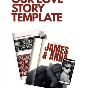 以下が含まれることがあります： OUR LOVE STORY TEMPLATEというタイトルのデジタルテンプレートで、2枚のページが重なっています。1枚にはMY FAVOURITE MEMORIES WITH YOUとMAKE LOVE MAKE ART MAKE OUT MAKE...というテキストがあり、もう1枚にはJAMES & ANNAと02-11-2023というテキストがあります。
