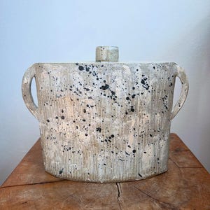 Può includere: Un vaso in ceramica bianca con schizzi di vernice nera e due manici. Il vaso ha una forma rettangolare arrotondata e una superficie testurizzata.