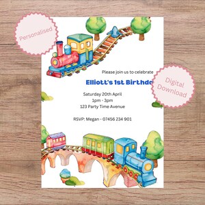 May include: A printable invitation for a first birthday party with a train theme. The invitation features a watercolor illustration of a train on a track with a bridge and trees. The text on the invitation reads "Please join us to celebrate Elliott's 1st Birthday. Saturday 20th April 1pm - 3pm 123 Party Time Avenue RSVP: Megan - 07456 234 901".