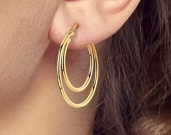 Double loop Hoop Earrings in 18K gold over 925 Sterling Silver - 32mm Hinged Hoop Clasp - Simple casual and lightweight -  Gifts for Women