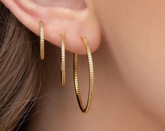 CZ Open Hoop Earrings Gold Plated Push Back Studs - Simple Fashion Hoops in 12mm. 21mm and 30mm - Gifts For Women