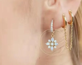 Dangle Hoop Earrings CZ Flower in Gold and Silver - Dainty Zirconia Snowflake Earrings - Gifts for friends and family