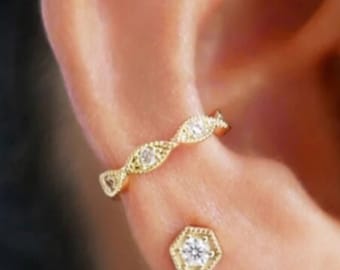 Ear Cuff No Piercing Gold CZ, Eye Shape Wrap Cuff, Round Cubic Zirconia, Clip On Cartilage Helix, Dainty Delicate Streetwear Fashion