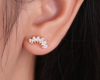 Ear climber earrings gold CZ Marquise Dainty Lotus Petal - Cartilage stack Second hole - Zirconia Black Turquoise and Ruby Pink earrings