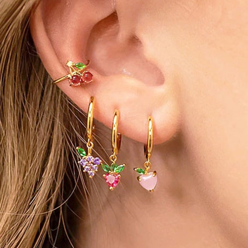 Fruit Huggie Hoop Earrings - Tiny Hoops With Charms - 18K Gold Plate Fruit Earrings - Cute Kawaii Fun Botanical Earrings