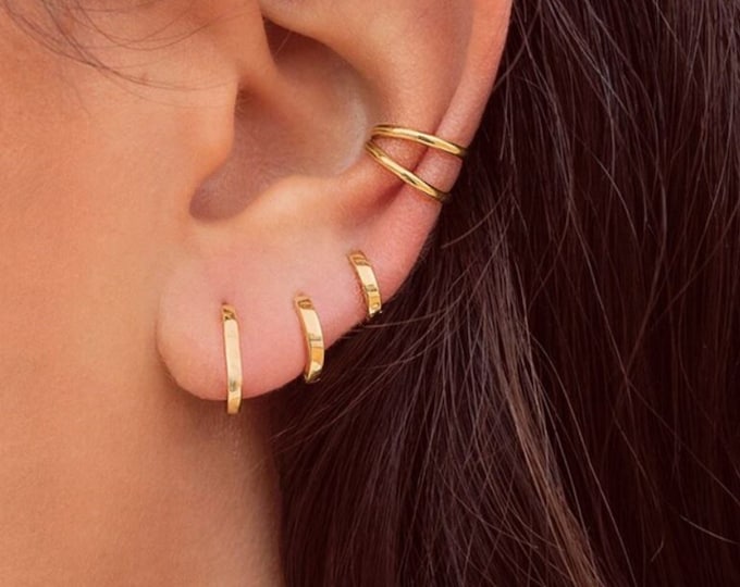 Triple Lobe Earrings Set of 3 Hoops and Ear Clip Pin, 3 Hole Double