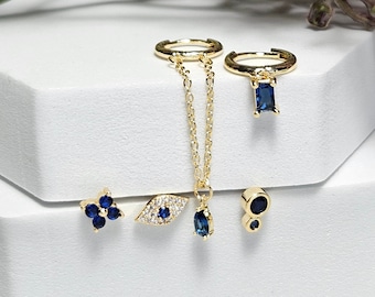 Earrings for multi piercing 5 piece set - Curated Ear Stack Combo Gift Set, Sapphire blue Zirconia Different Earring set