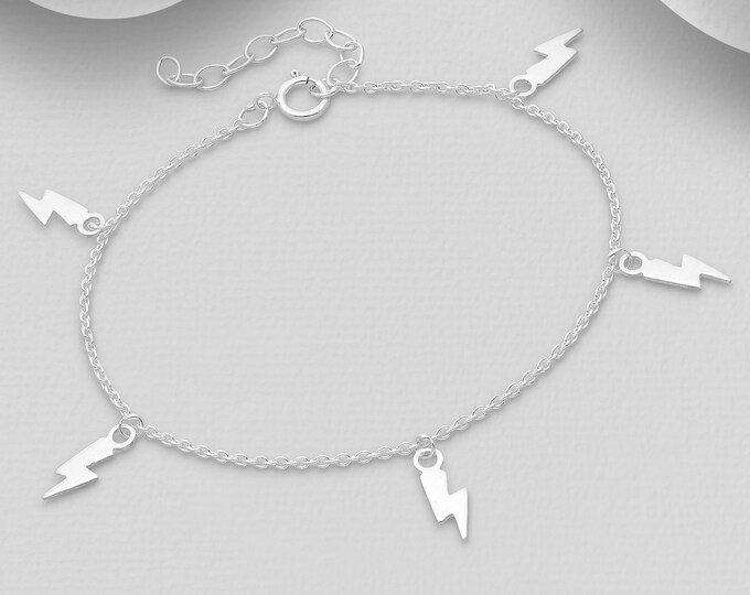 Lightning Bolt Bracelet Sterling Silver Charm Link Dainty Etsy
