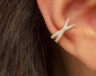 Ear Cuff Gold Criss Cross Zirconia Paved, Ear Pin No Piercing,  Cartilage Conch Ear Wrap Cuff, Fake Helix, SOLD BY PIECE