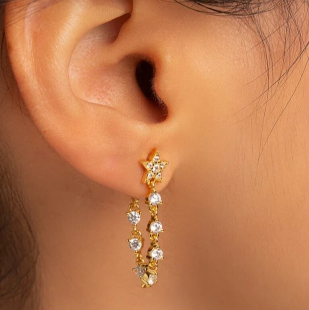 Chain Link Earrings Star CZ Gold CZ Star Loop Stud Earrings in 18K Gold