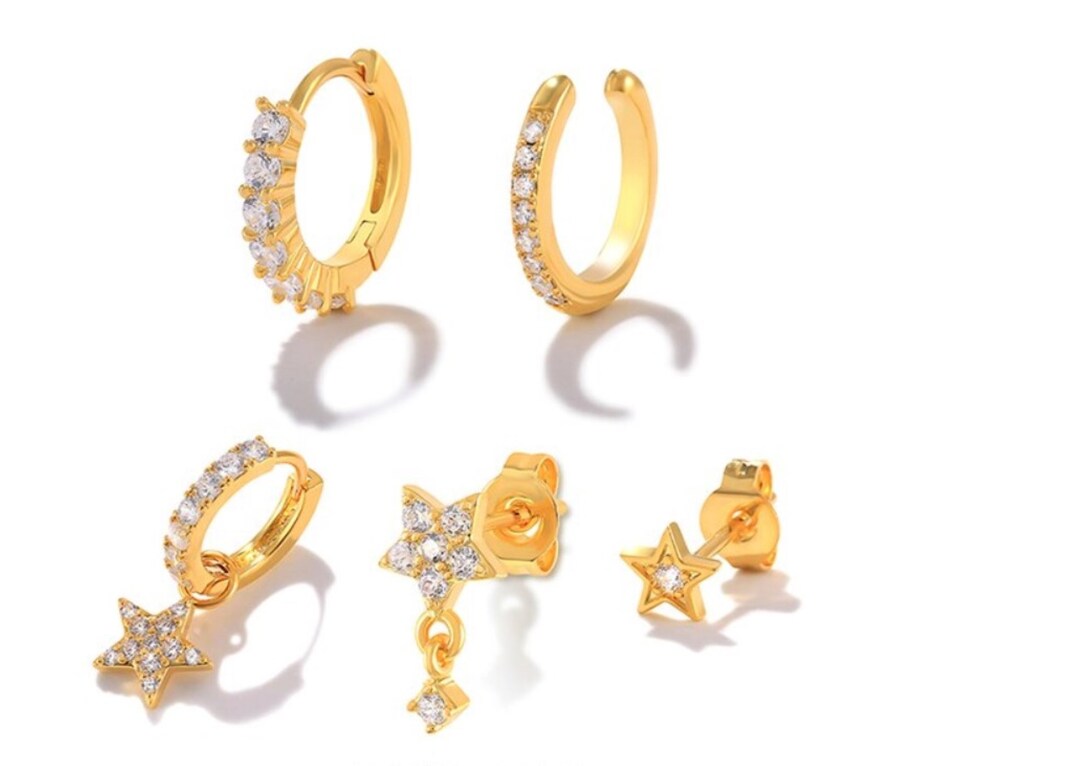 Mismatch Earring Set Multiple Piercing Gold Triple lobe Etsy France