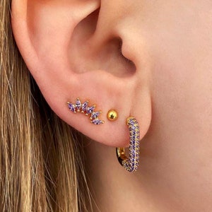Ear climber earrings gold CZ Marquise Dainty Lotus Petal Cartilage stack Second hole Zirconia Black Turquoise and Ruby Pink earrings image 4