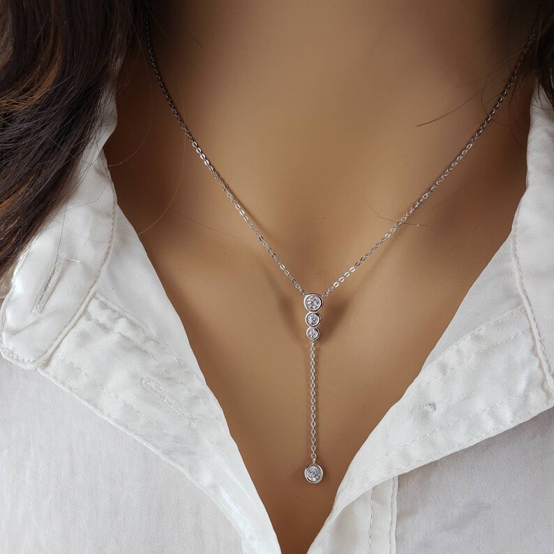 Y Drop CZ Necklace / Sterling Silver / Cascading Dangle Y Etsy