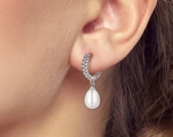 Pearl Earrings Silver dangle drop CZ  Paved Hoop Earrings - Dainty Gifts for Women - Minimalist and Classic Wedding Bridal Gifts