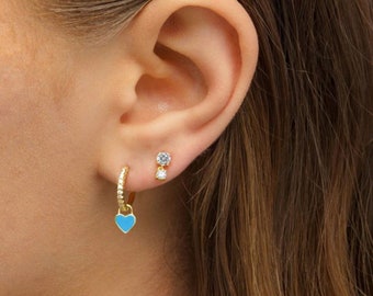 Enamel Earrings Heart Dangle Charm CZ Hoops, Cute Fun Colorful Dainty Enameled Earring Gifts For Girls and teens