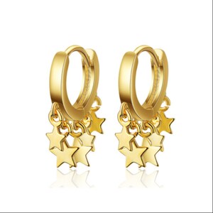 Hoop Earrings Gold Star Dangle Charms, Gold Celestial Jewelry, Dainty Hypoallergenic Hoops.