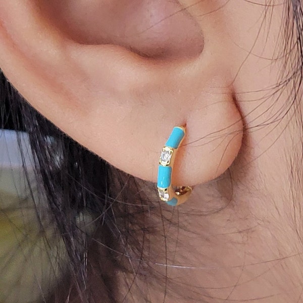 Enamel Hoop Earring CZ Diamonds 18K Gold Vermeil, Enamel Drop Oil in Turquoise Blue, Orange and White, Petite Retro Dainty Stackable Hoops