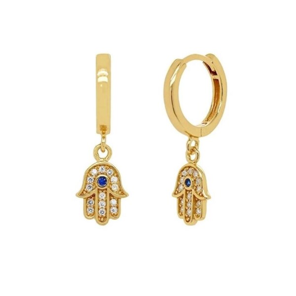 Hamsa Dangle Gold Hoop Earrings Paved CZ, Blue Diamond Palm Hand, 18K Gold over 925 Sterling Silver, Turkish Fashion Jewelry