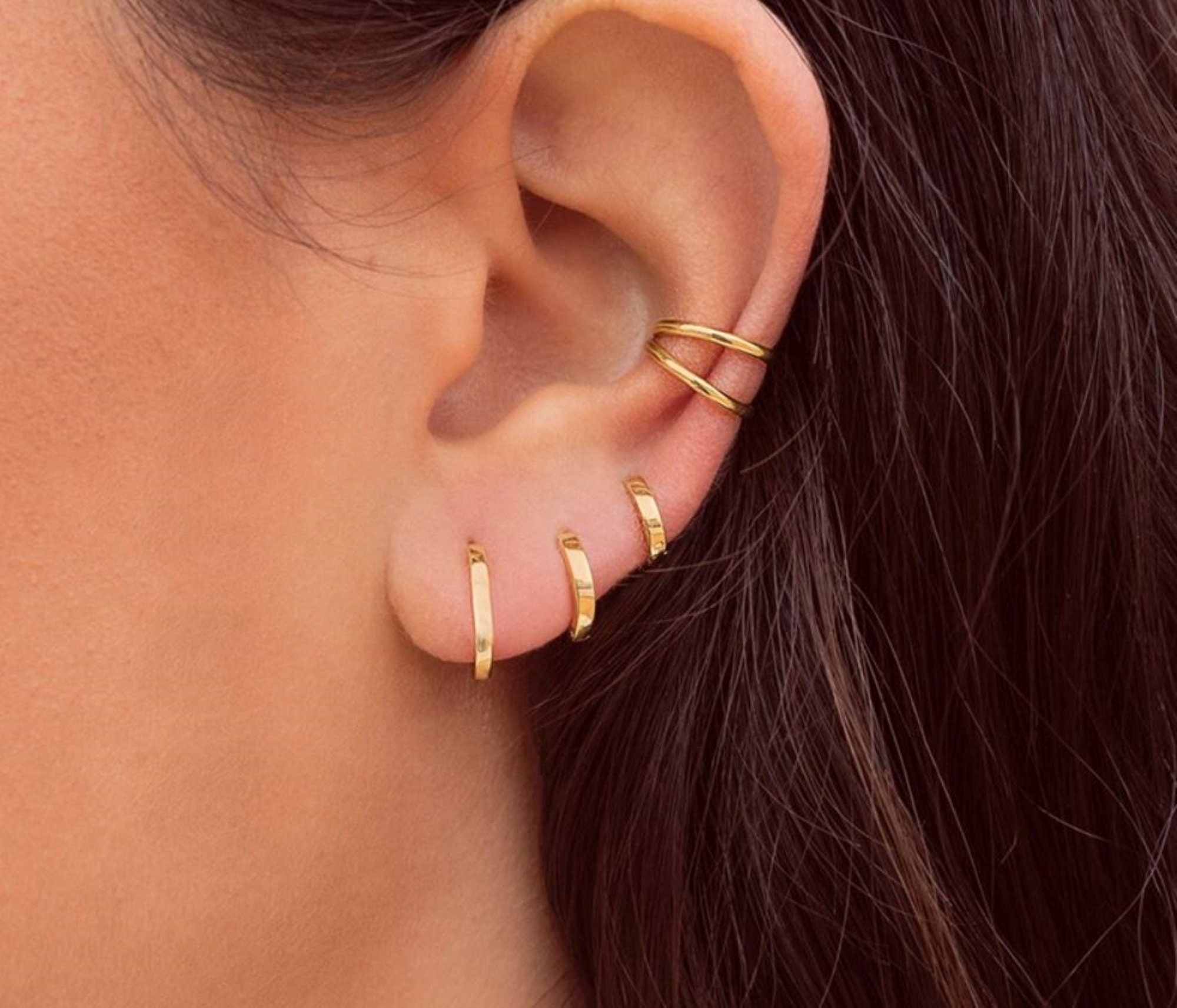 Triple Lobe Earrings Set of 3 Hoops and Ear Clip Pin 3 Hole Double