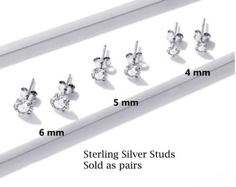 Sparkling CZ Solitaire Stud Earrings | 925 Sterling Silver with Dainty Invisible Prongs | Sizes 4mm, 5mm, 6mm