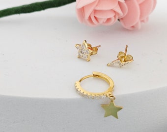 3 Piece Earrings Set Celestial - Multi Piercing Jewelry for a Triple Lobe - Star Hoop and Stud set -  Earring Gifts for Women